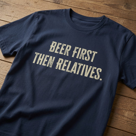 Navy Beer First Then Relatives t-shirt laid flat on a wooden surface showing the full slogan, funny relatable ladies pub banter design full of pure attitude