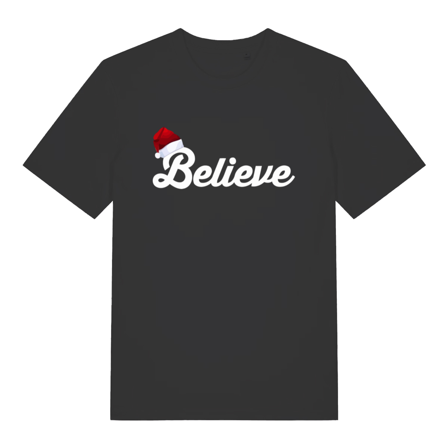 Black Believe T-shirt flat lay with white cursive text and Santa hat on the B festive Christmas slogan tee for men