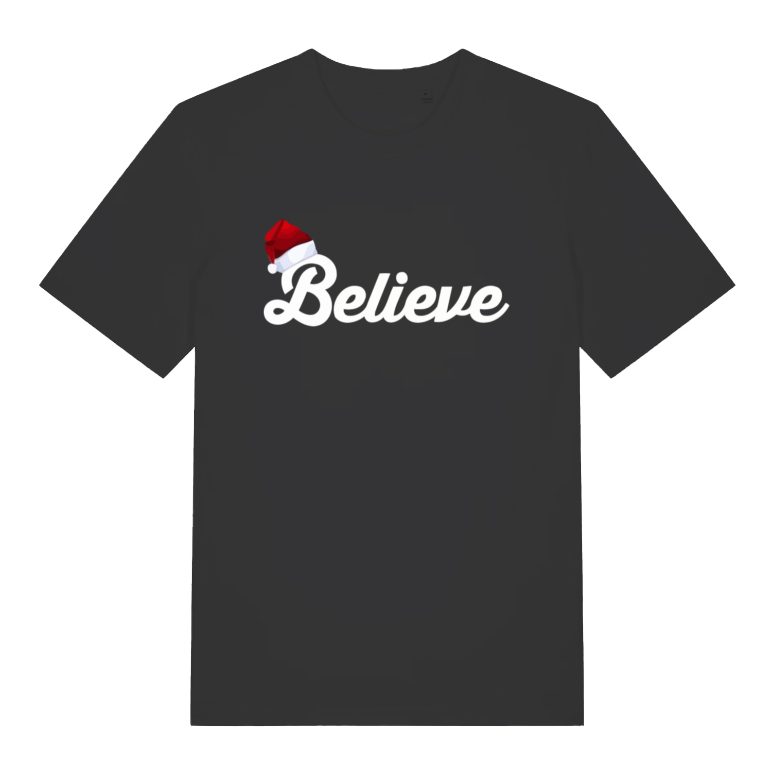 Black Believe T-shirt flat lay with white cursive text and Santa hat on the B festive Christmas slogan tee for men