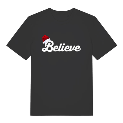 Black Believe T-shirt flat lay with white cursive text and Santa hat on the B festive Christmas slogan tee for men