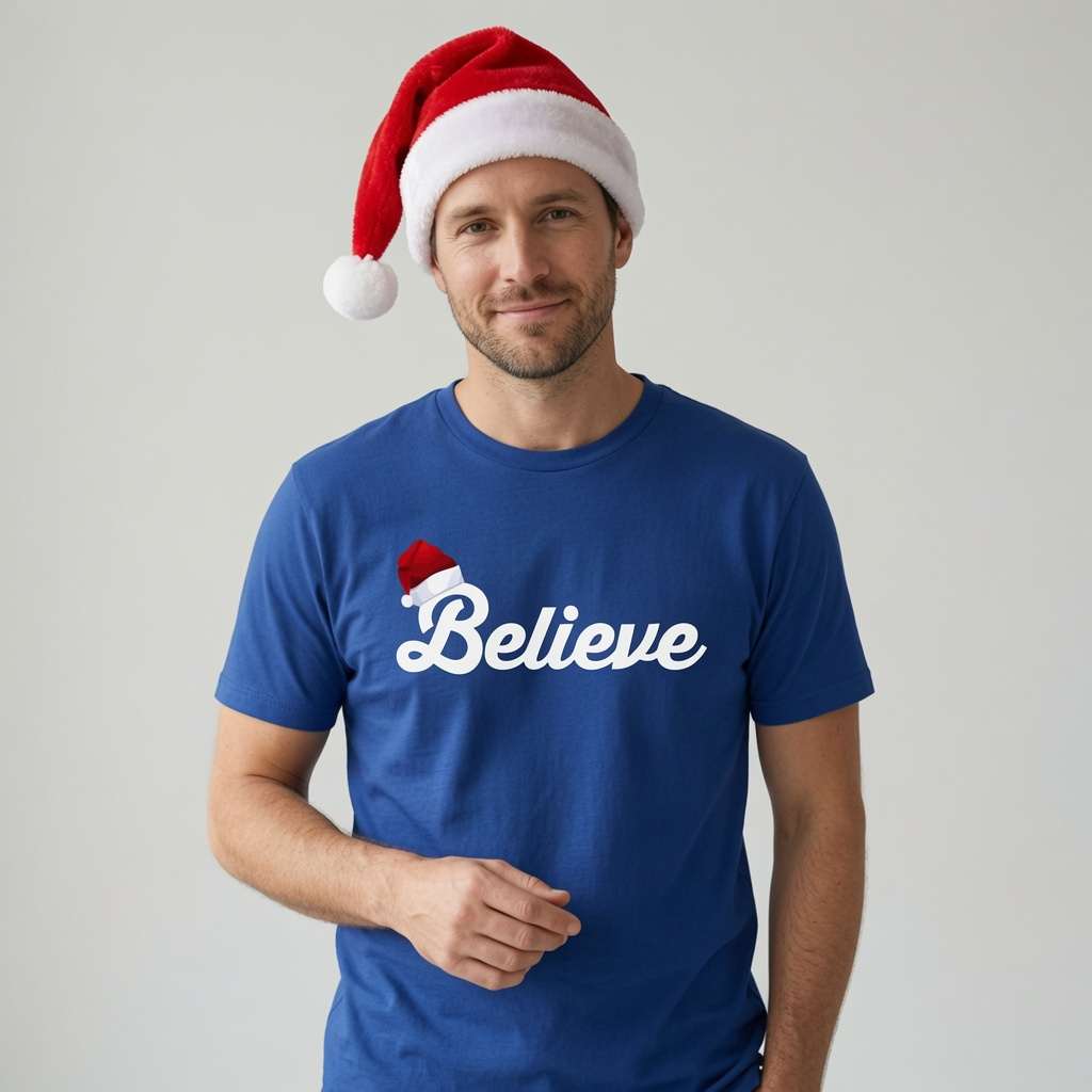 Man in blue Believe t-shirt wearing Santa hat, mens fun santa hat christmas text tee
