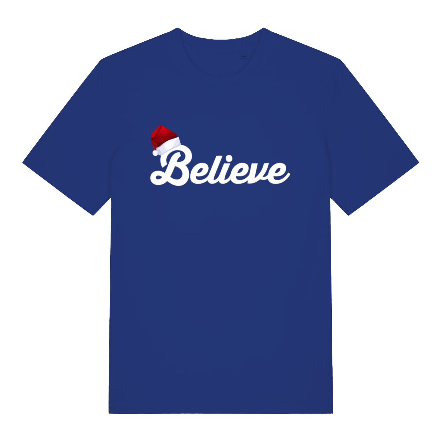 Blue Believe T-shirt flat lay featuring elegant "Believe" script with fun Santa hat detail perfect holiday message top