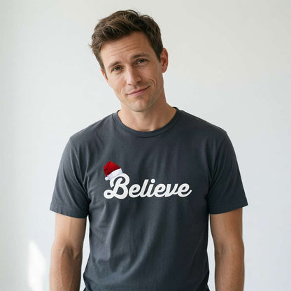 Man in india grey Believe t-shirt with Santa hat graphic, mens fun xmas day statement shirt