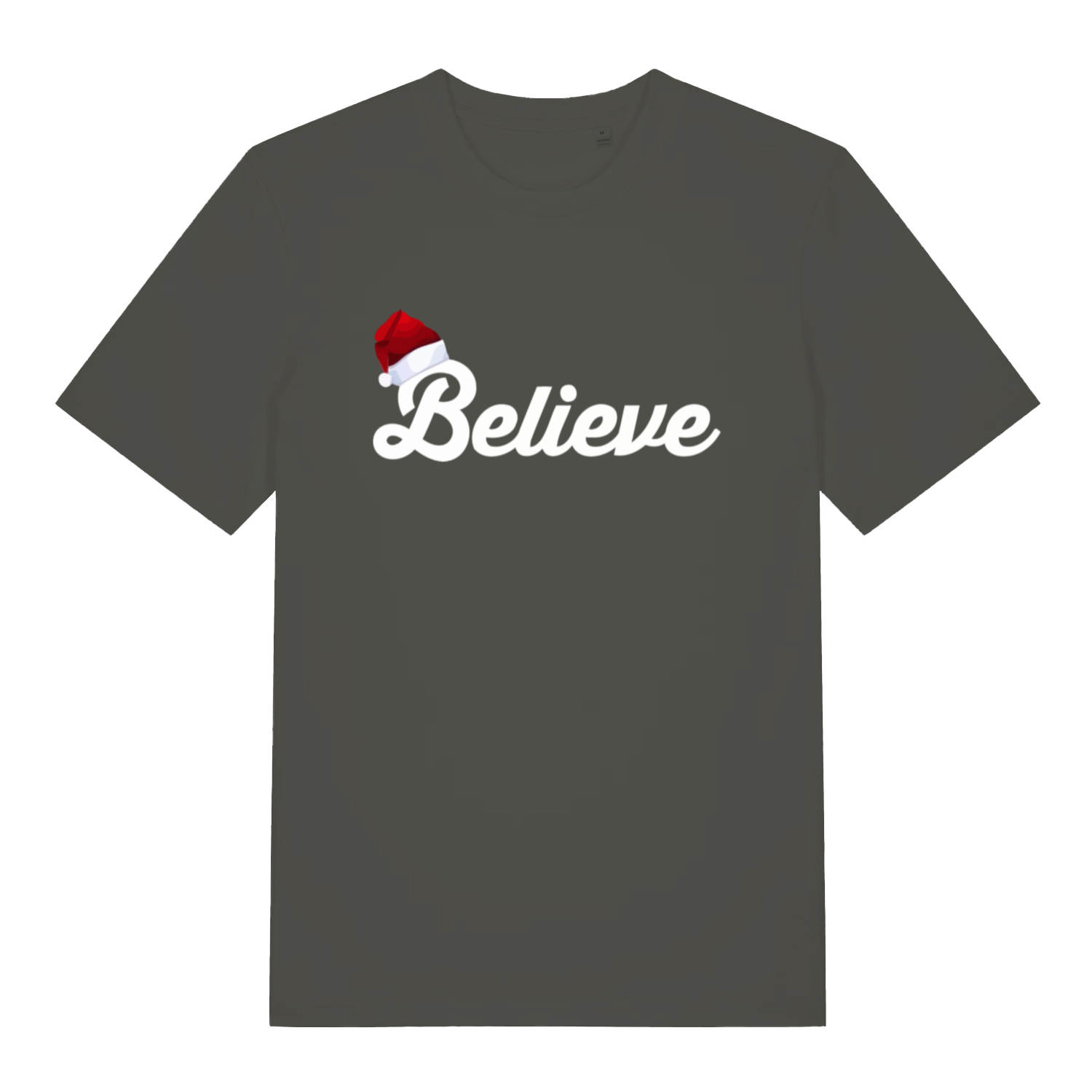 Khaki Believe T-shirt flat lay displaying warm festive slogan with Santa hat on the B for cheerful holiday style