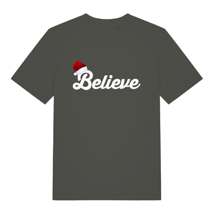 Khaki Believe T-shirt flat lay displaying warm festive slogan with Santa hat on the B for cheerful holiday style