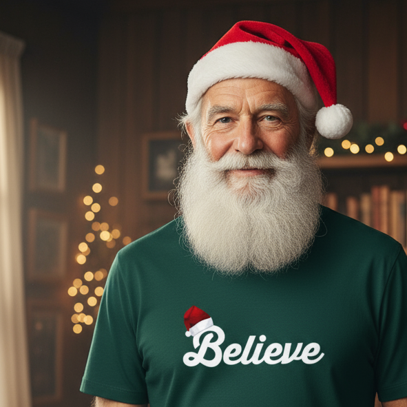 Man wearing a Santa hat and 'Believe' t-shirt with festive background