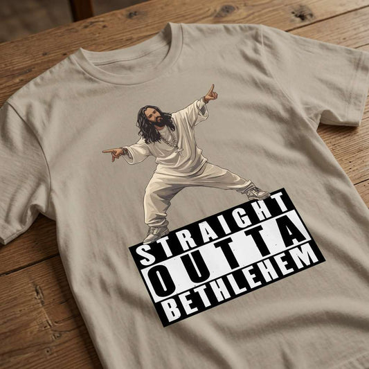 Beige Straight Outta Bethlehem t-shirt on wood, funny rude offensive easter shirt