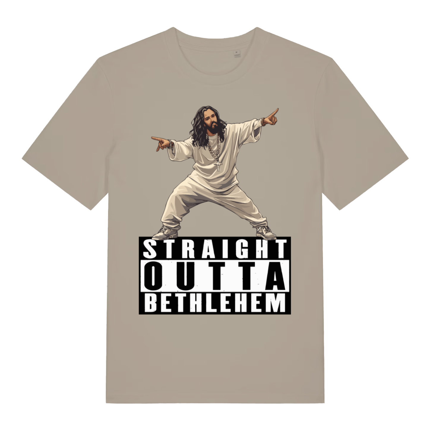 Beige Straight Outta Bethlehem T-shirt flat lay with funny Jesus rapper graphic and bold offensive slogan perfect cheeky men's tee