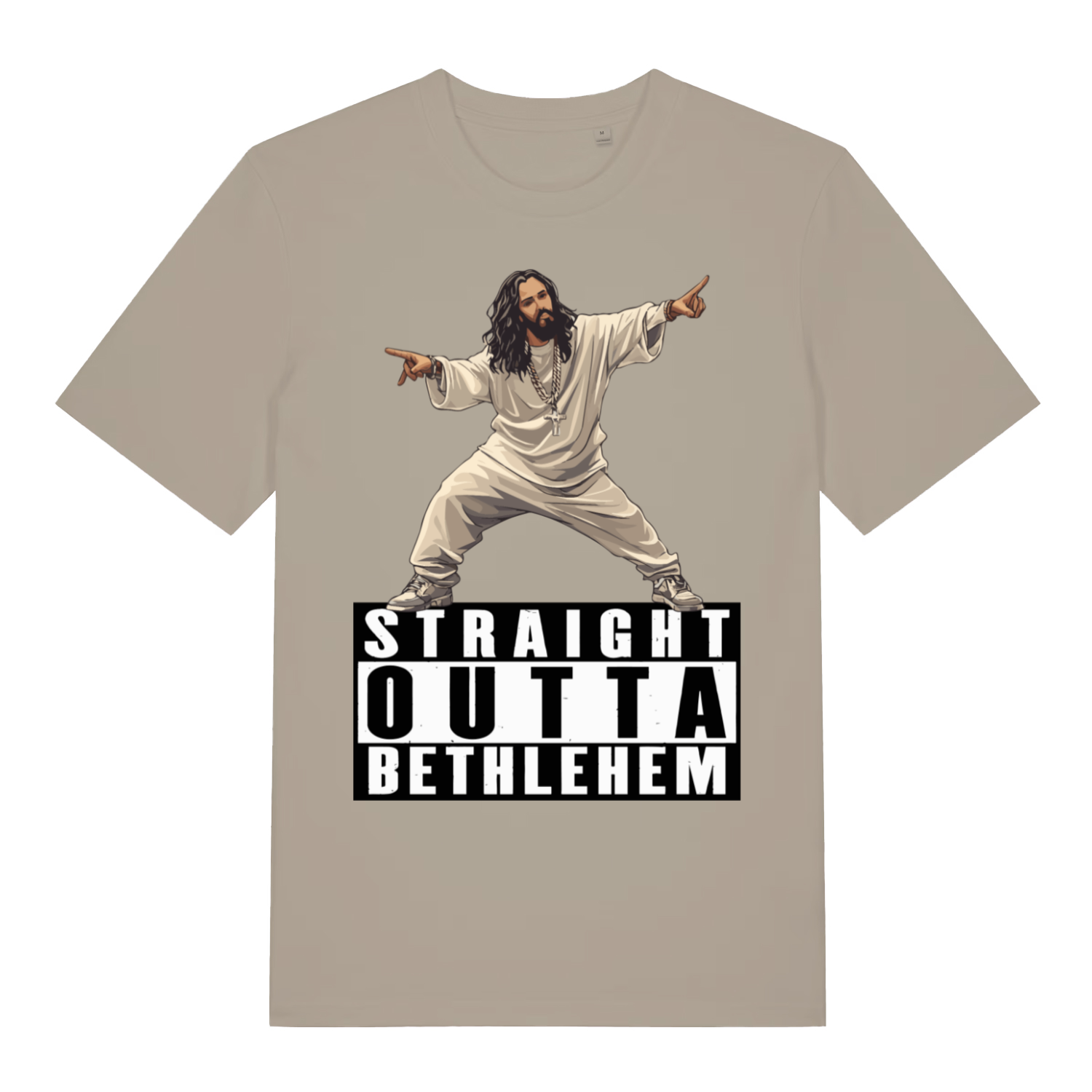 Beige Straight Outta Bethlehem T-shirt flat lay with funny Jesus rapper graphic and bold offensive slogan perfect cheeky men's tee