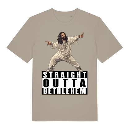 Beige Straight Outta Bethlehem T-shirt flat lay with funny Jesus rapper graphic and bold offensive slogan perfect cheeky men's tee