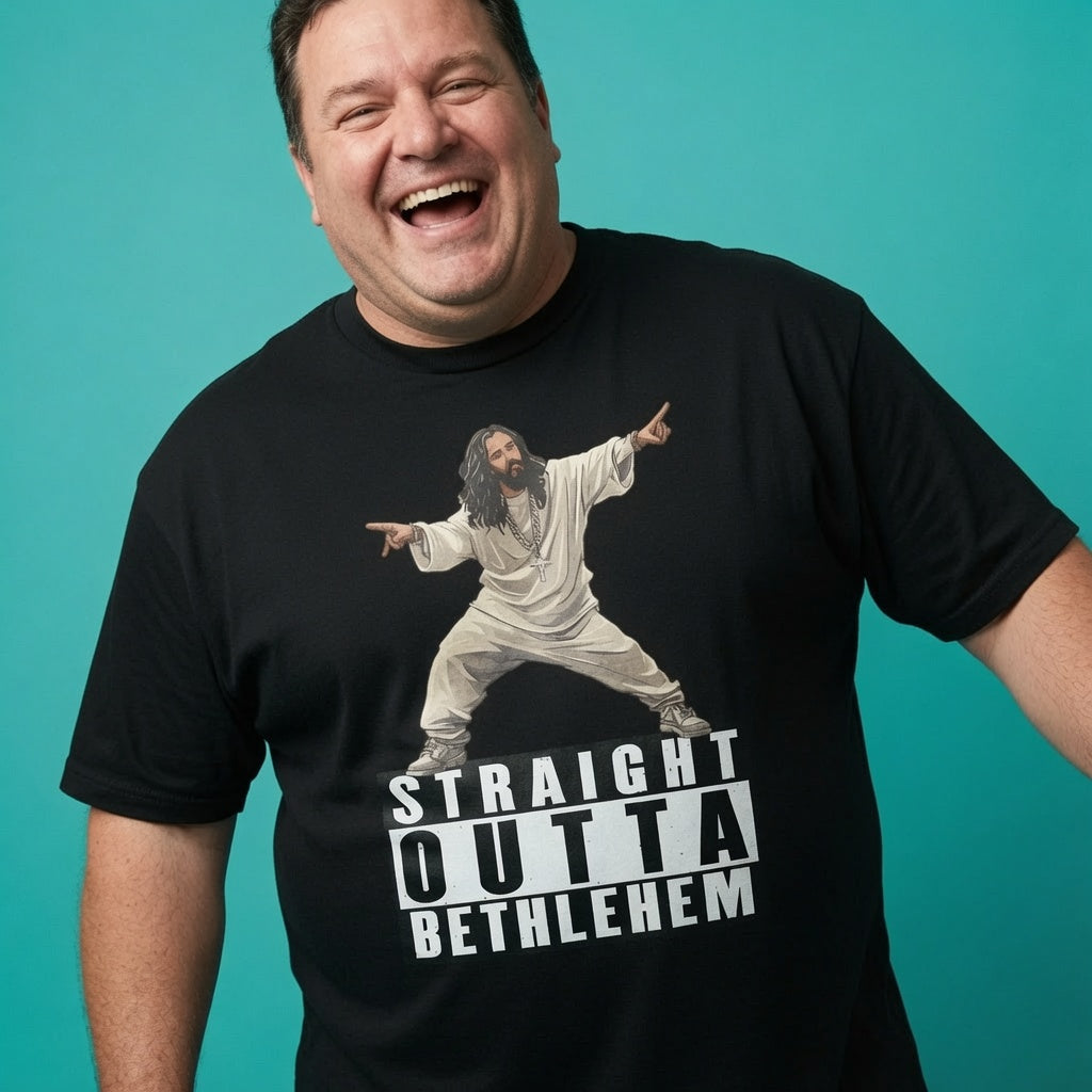 Man laughing while wearing a black Straight Outta Bethlehem t-shirt, funny mens offensive jesus rapper graphic design full of pure attitude