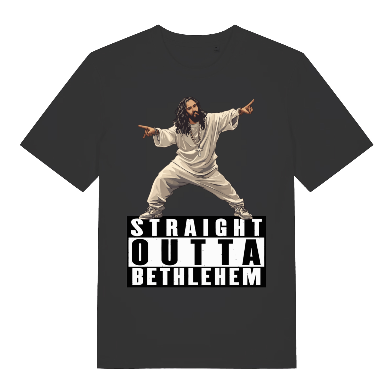 Black Straight Outta Bethlehem T-shirt flat lay showing humorous Jesus in rapper pose with "Straight Outta Bethlehem" text
