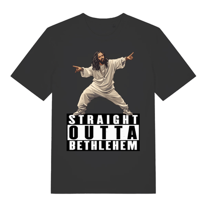 Black Straight Outta Bethlehem T-shirt flat lay showing humorous Jesus in rapper pose with "Straight Outta Bethlehem" text