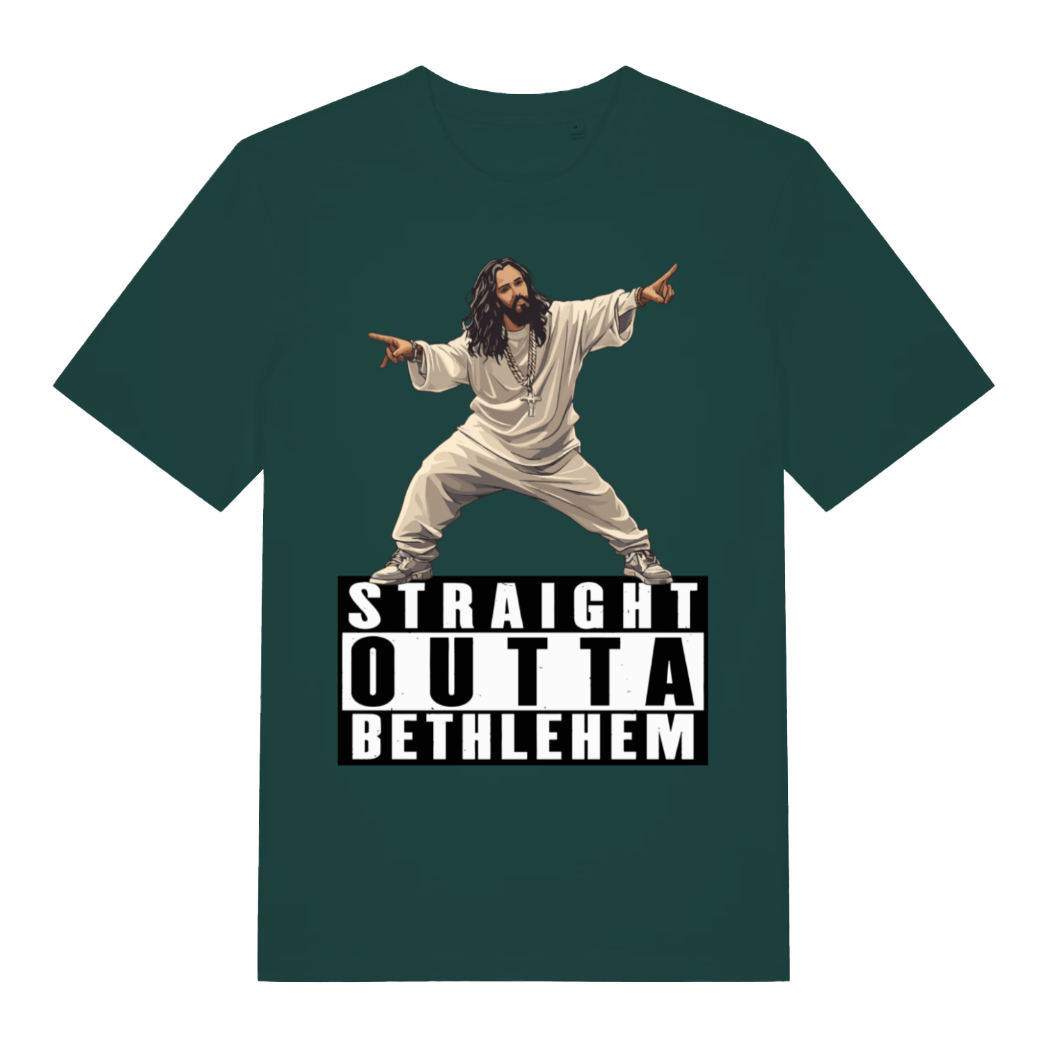 Green Straight Outta Bethlehem T-shirt flat lay featuring witty rude Jesus mashup graphic ideal banter Christmas or Easter top