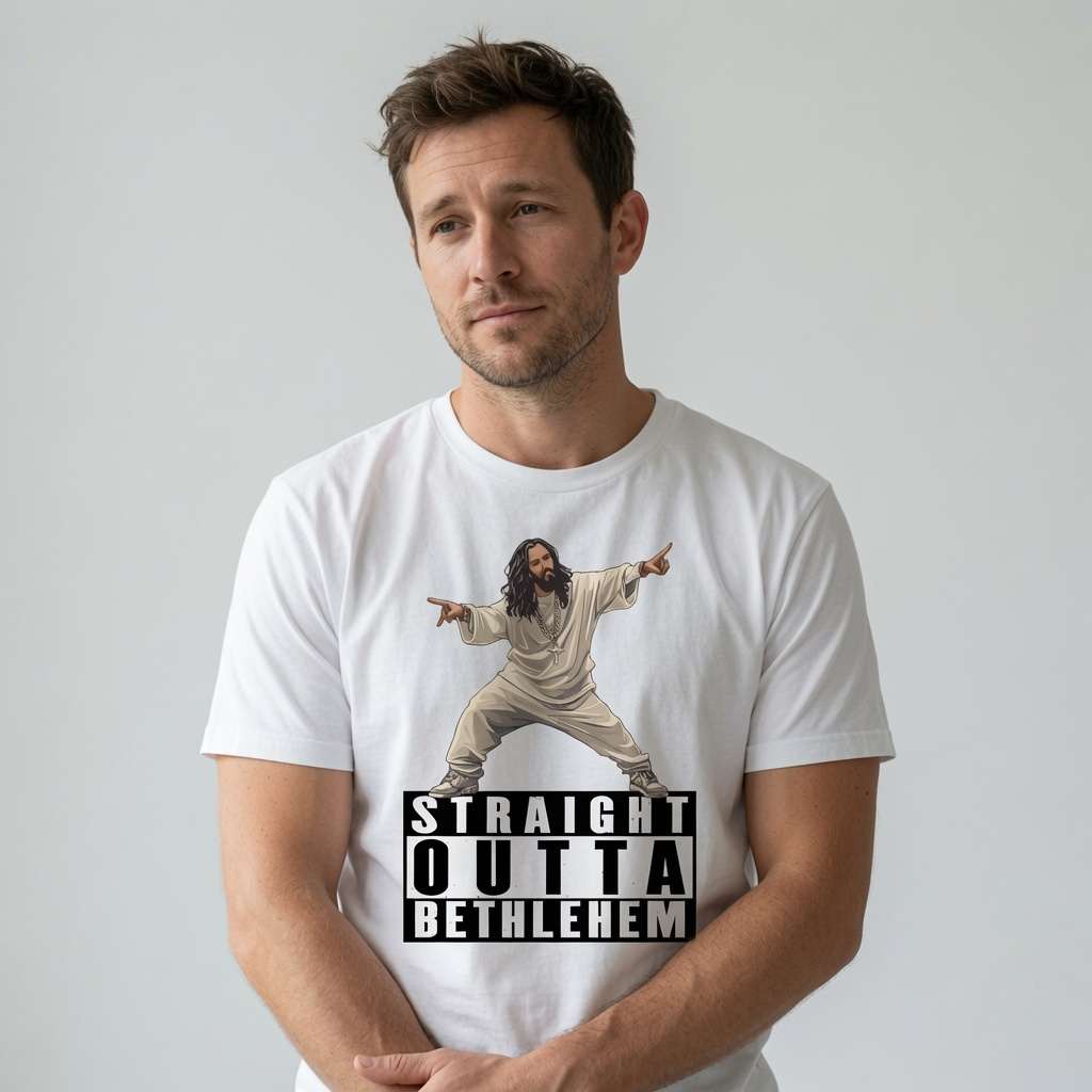 Man in white Straight Outta Bethlehem tee, offensive fun Jesus alternative christmas shirt