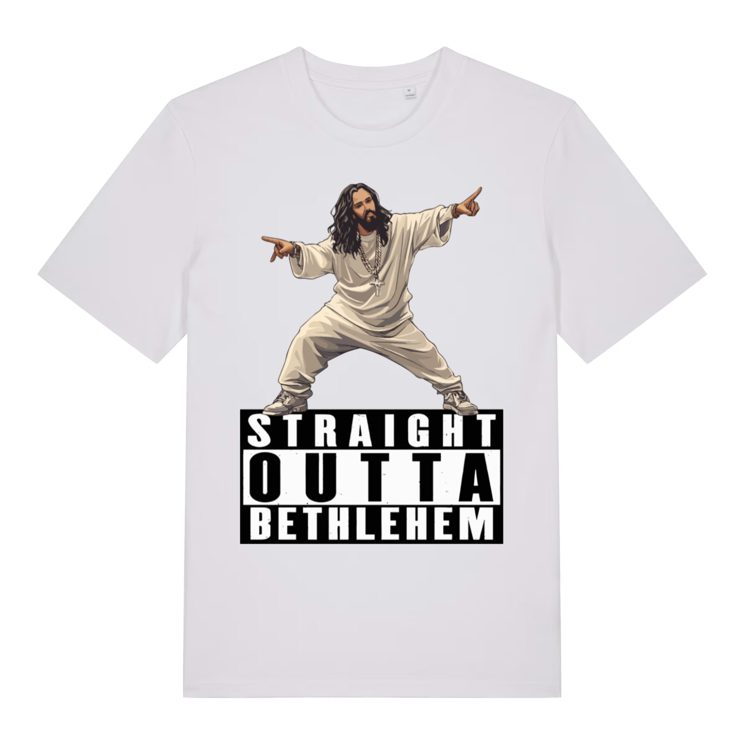 White Straight Outta Bethlehem T-shirt flat lay with edgy Jesus rapper illustration and bold "Straight Outta Bethlehem" slogan