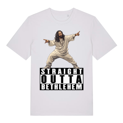 White Straight Outta Bethlehem T-shirt flat lay with edgy Jesus rapper illustration and bold "Straight Outta Bethlehem" slogan