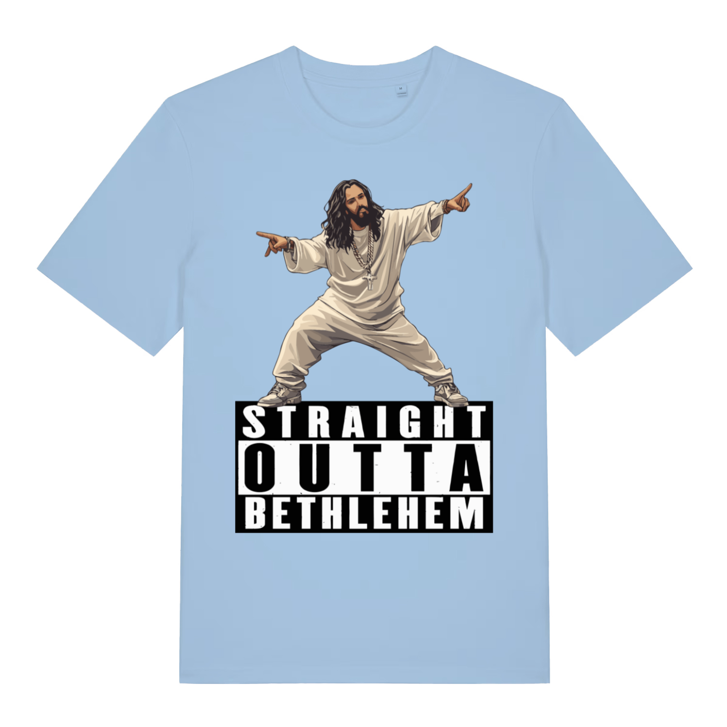 Sky blue Straight Outta Bethlehem T-shirt flat lay displaying funny offensive Jesus design perfect for lads who love dark humour