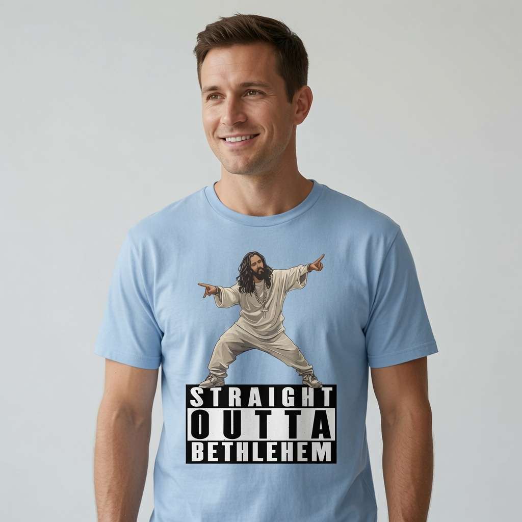 Man in sky blue Straight Outta Bethlehem t-shirt, mens funny Jesus mashup original gangster tee