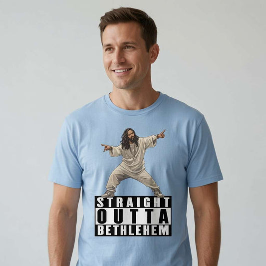 Man in sky blue Straight Outta Bethlehem t-shirt, mens funny Jesus mashup original gangster tee