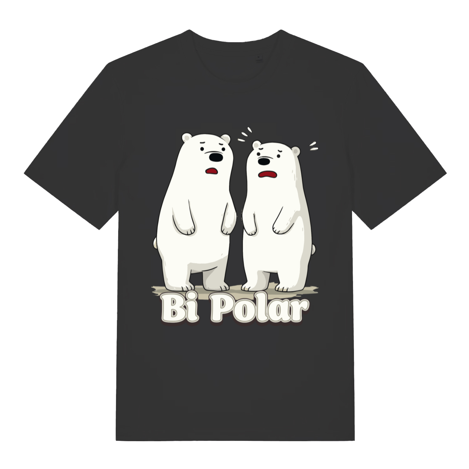 Black Bi Polar T-shirt flat lay showing cute polar bear pun design with "Bi Polar" text ideal cheeky humour top