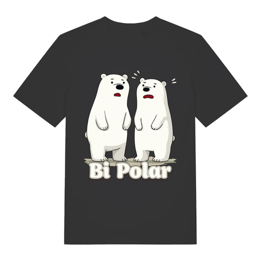 Black Bi Polar T-shirt flat lay showing cute polar bear pun design with "Bi Polar" text ideal cheeky humour top