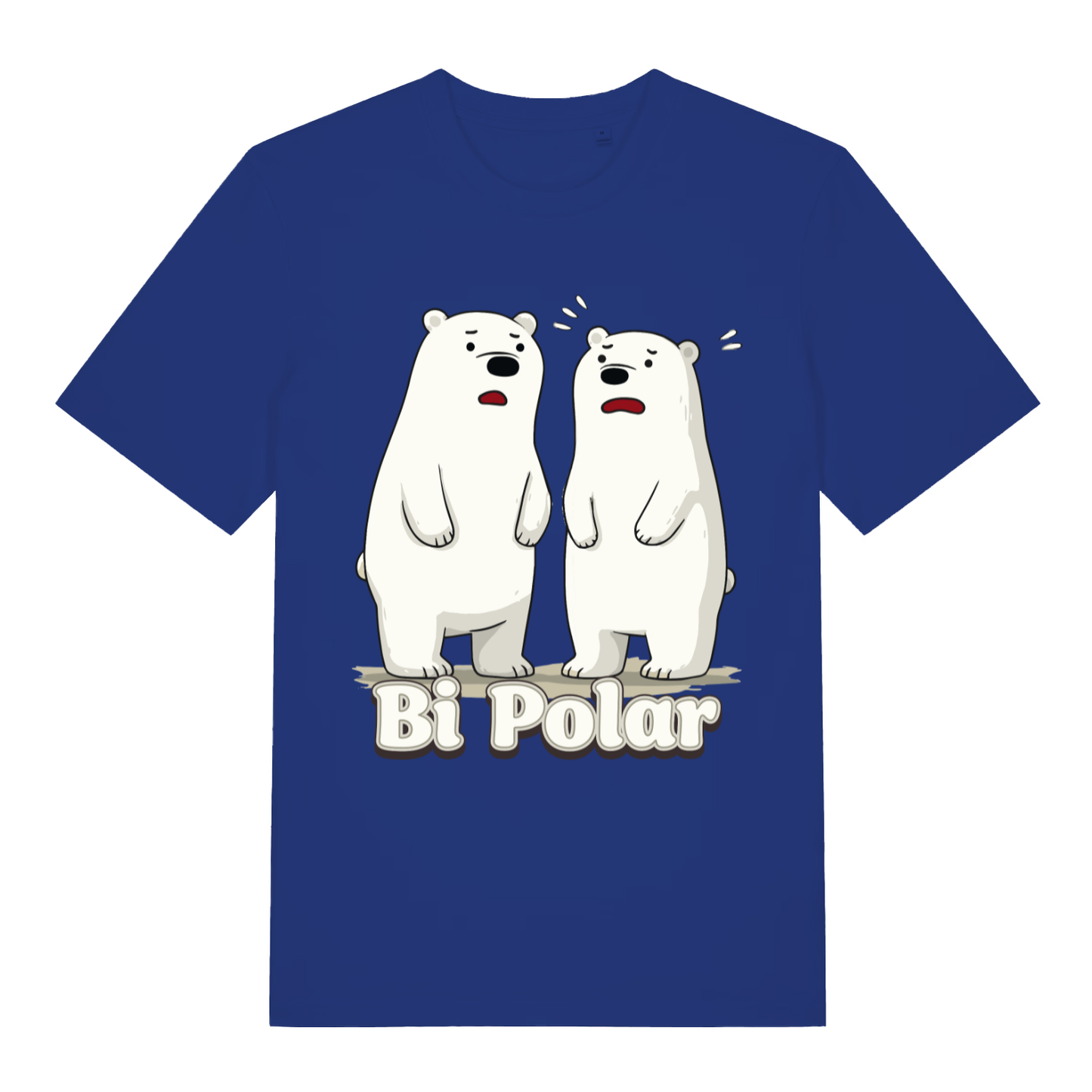 Blue Bi Polar T-shirt flat lay featuring humorous two polar bears illustration and playful mental health pun slogan