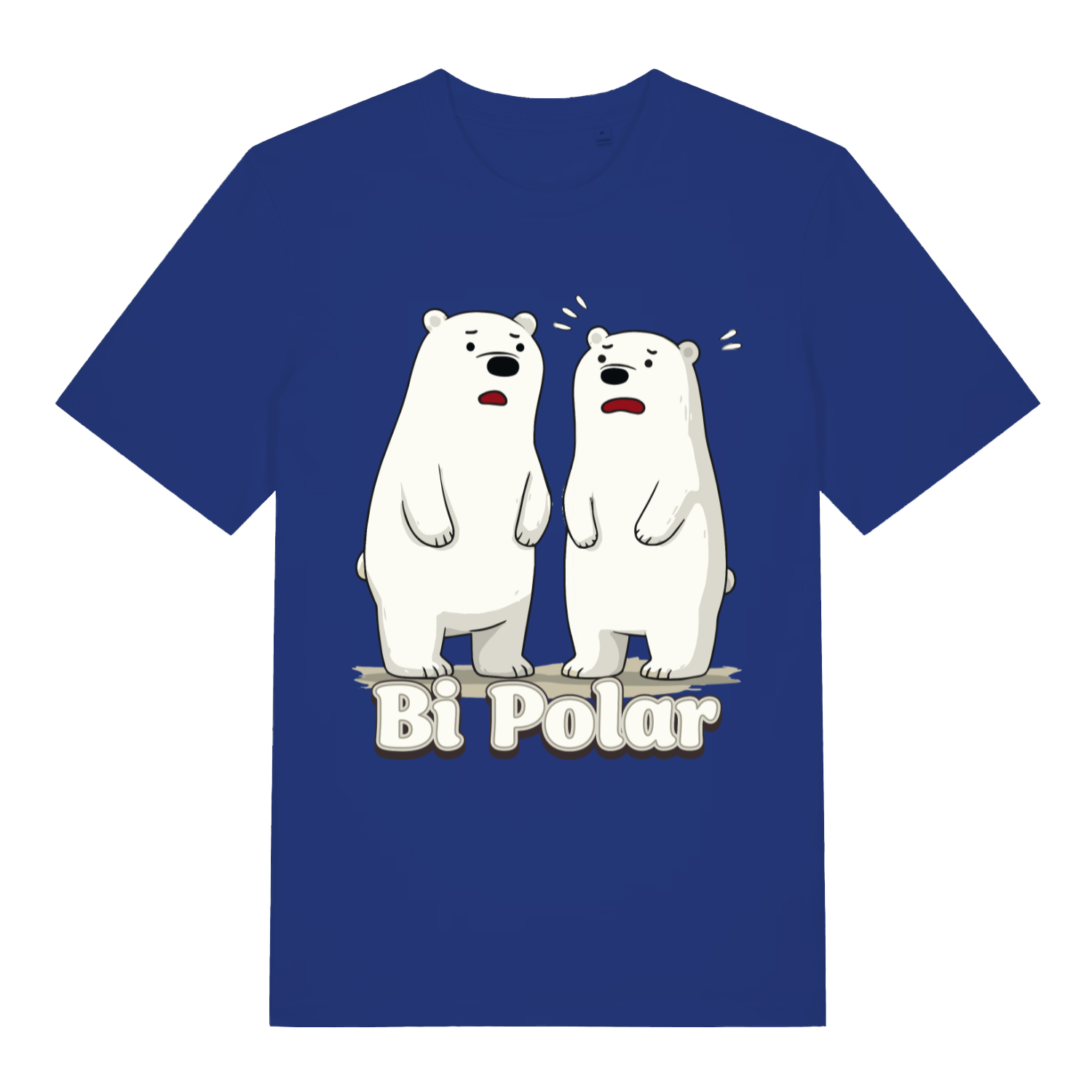 Blue Bi Polar T-shirt flat lay featuring humorous two polar bears illustration and playful mental health pun slogan