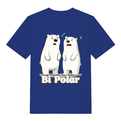 Blue Bi Polar T-shirt flat lay featuring humorous two polar bears illustration and playful mental health pun slogan
