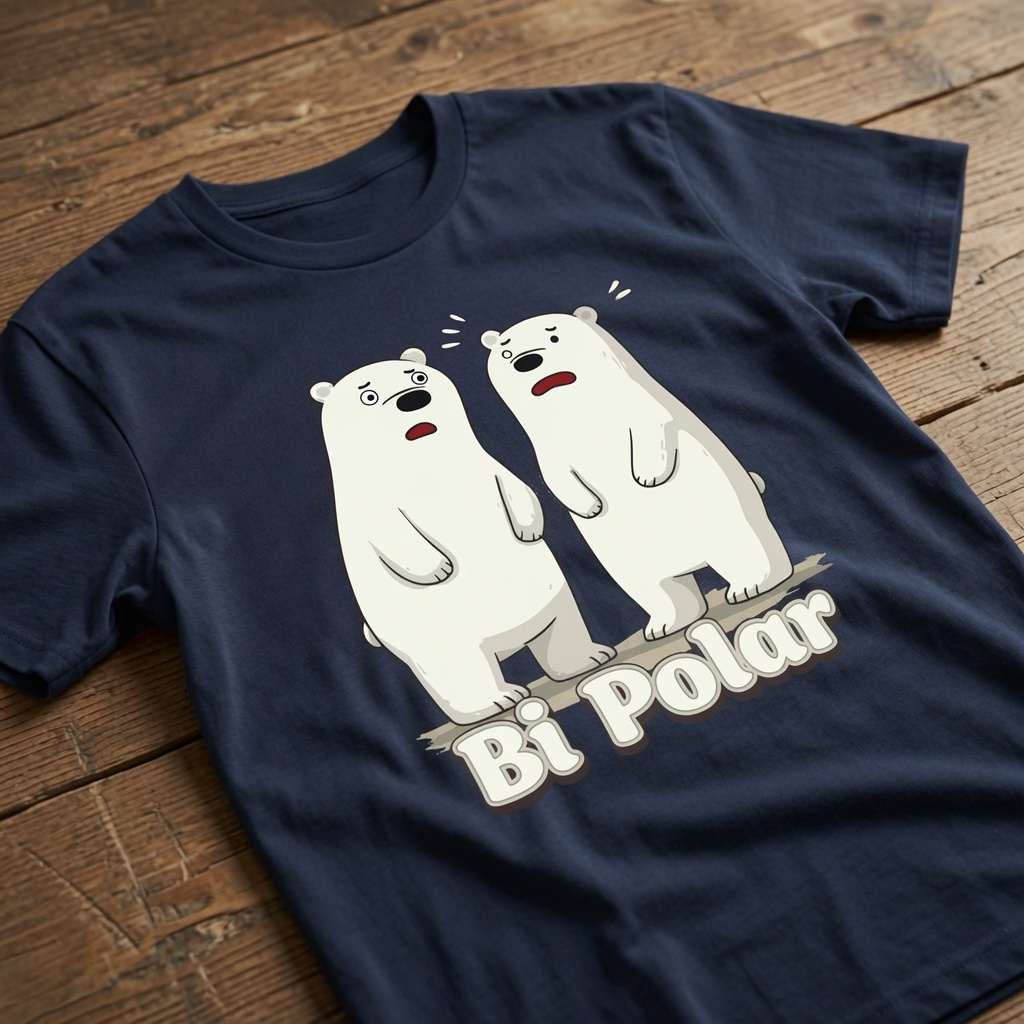 Navy Bi Polar polar bears slogan t-shirt on wood, fun witty animal pun graphic shirt