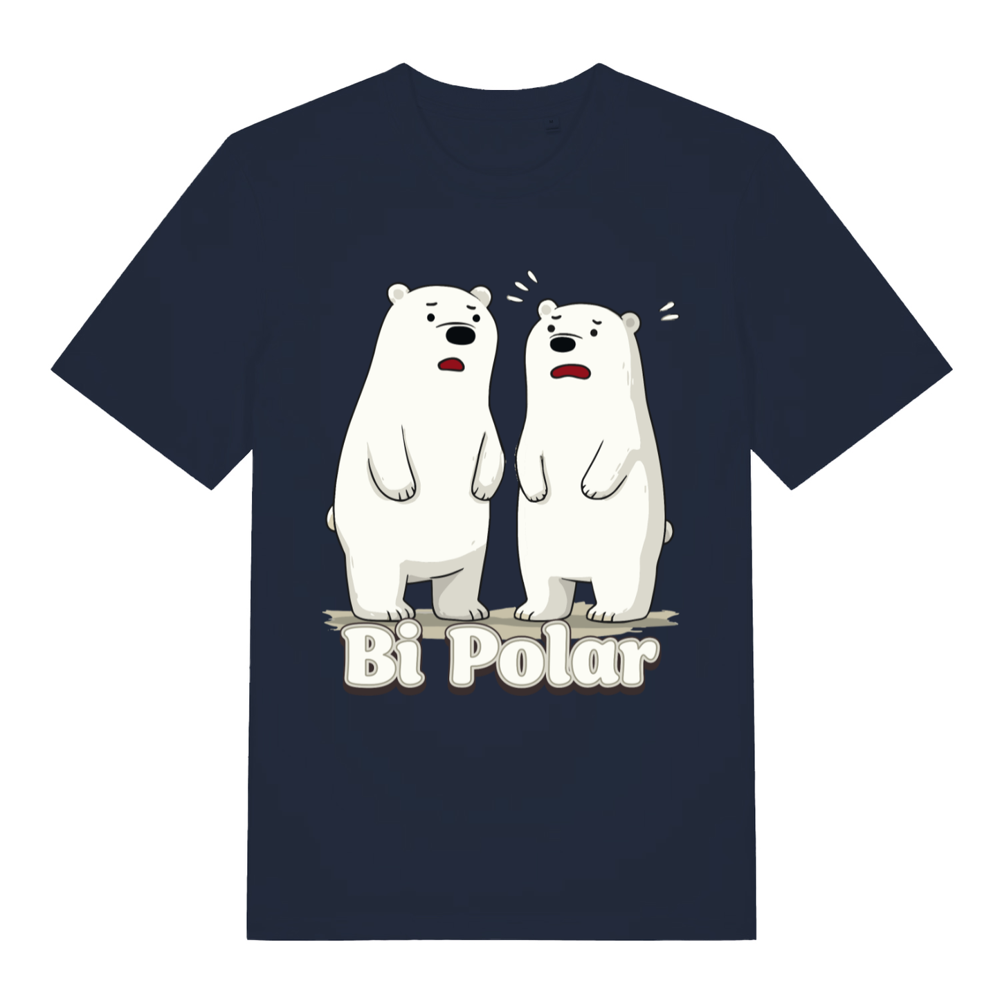 Navy Bi Polar T-shirt flat lay with adorable confused bears graphic and "Bi Polar" wordplay perfect banter tee