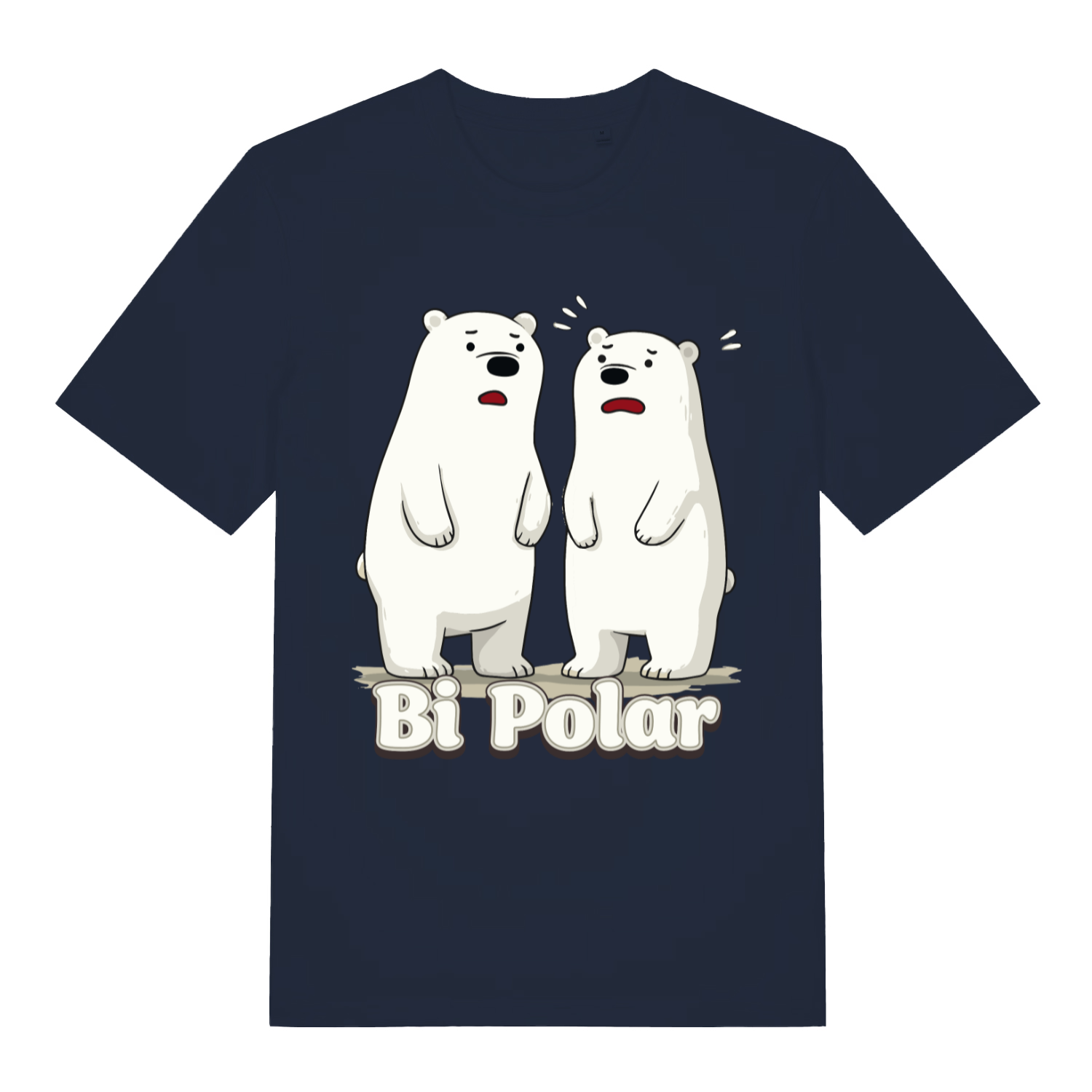 Navy Bi Polar T-shirt flat lay with adorable confused bears graphic and "Bi Polar" wordplay perfect banter tee