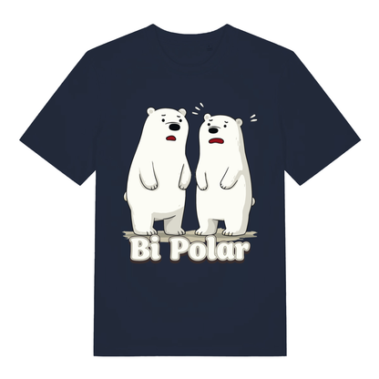 Navy Bi Polar T-shirt flat lay with adorable confused bears graphic and "Bi Polar" wordplay perfect banter tee