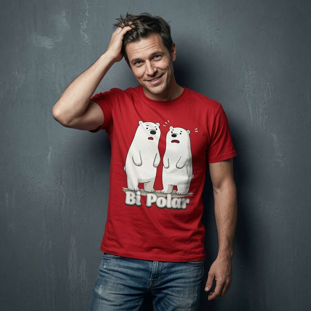 Man in red Bi Polar polar bears t-shirt, fun animal witty pun graphic mens shirt