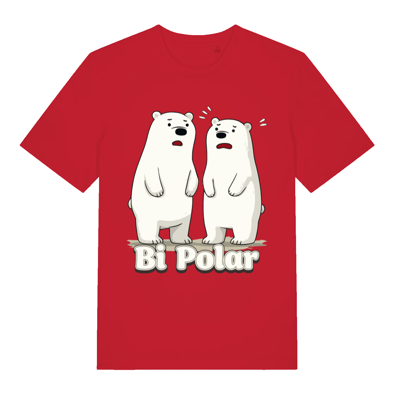 Red Bi Polar T-shirt flat lay displaying funny polar bear pun design on vibrant red cotton for cheeky Christmas or everyday wear
