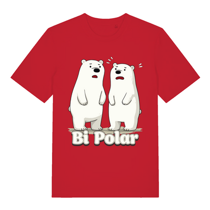 Red Bi Polar T-shirt flat lay displaying funny polar bear pun design on vibrant red cotton for cheeky Christmas or everyday wear