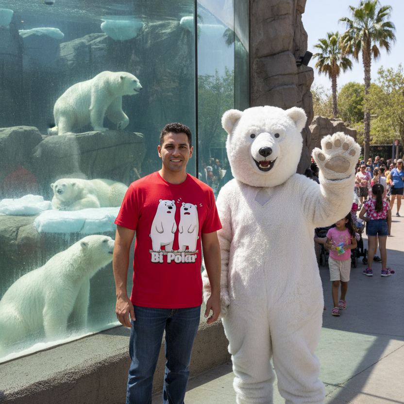 Man wearing a red "Bi-Polar" funny graphic t-shirt featuring two cartoon polar bears, standing next to a polar bear mascot at a zoo exhibit with live polar bears in the background