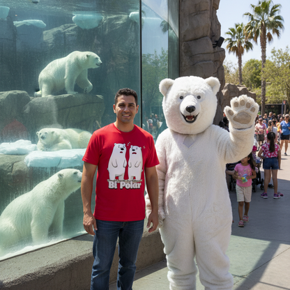 Man wearing a red "Bi-Polar" funny graphic t-shirt featuring two cartoon polar bears, standing next to a polar bear mascot at a zoo exhibit with live polar bears in the background