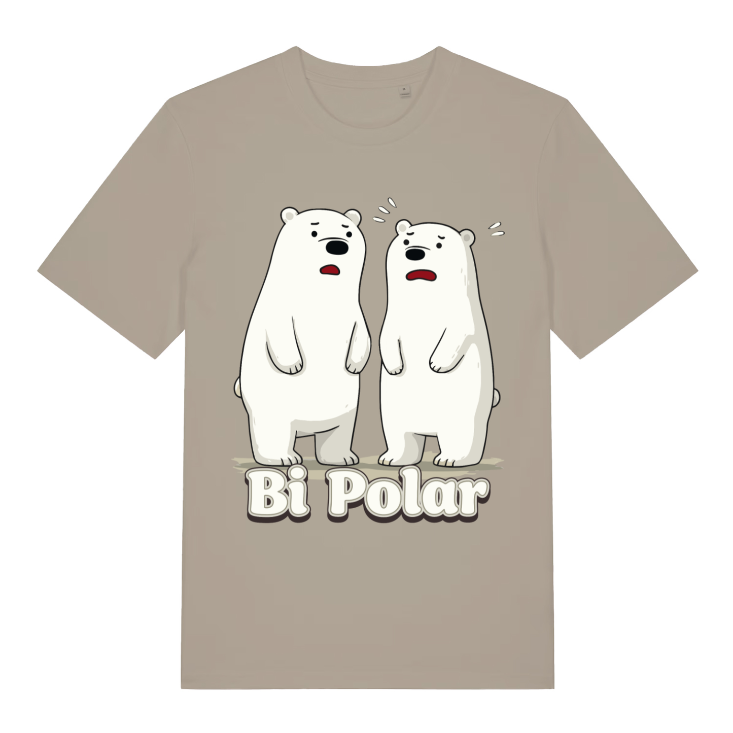 Beige women's Bi Polar T-shirt flat lay with funny confused polar bears pun graphic perfect cheeky ladies humour top