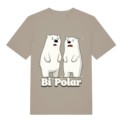Beige women's Bi Polar T-shirt flat lay with funny confused polar bears pun graphic perfect cheeky ladies humour top