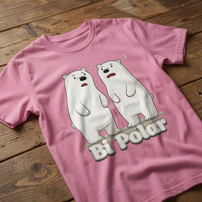 Pink Bi Polar polar bears slogan t-shirt on wood, fun polar bear pun graphic ladies shirt