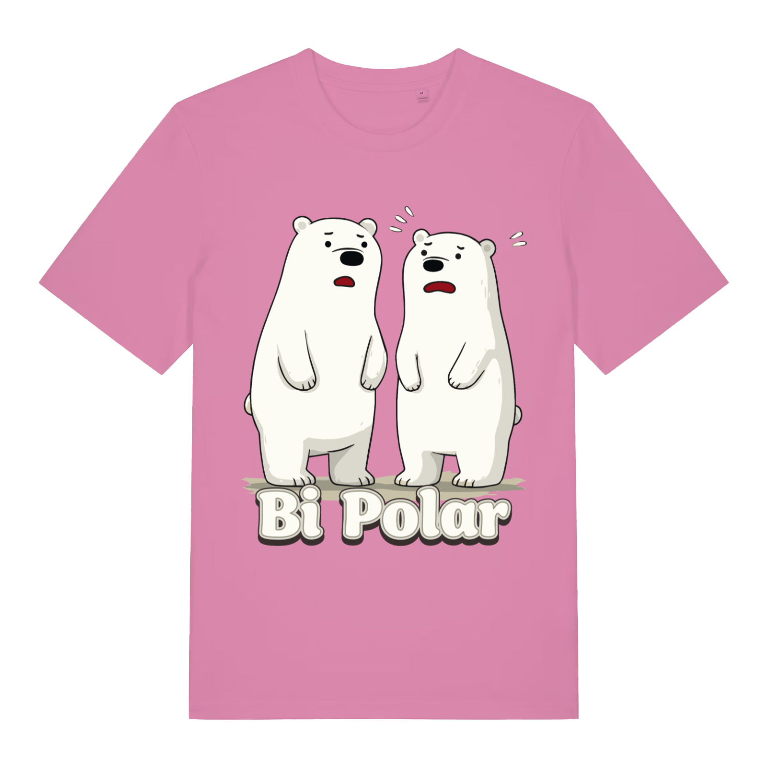 Pink women's Bi Polar T-shirt flat lay showing cute polar bear pun design with "Bi Polar" text ideal witty ladies tee