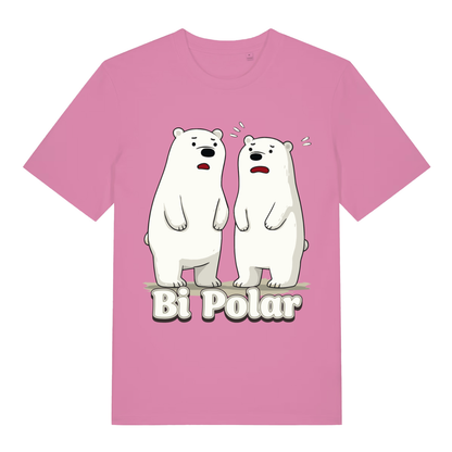 Pink women's Bi Polar T-shirt flat lay showing cute polar bear pun design with "Bi Polar" text ideal witty ladies tee
