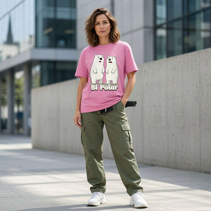 Woman in pink Bi Polar polar bears tee outdoors, funny polar bear pun ladies graphic gift
