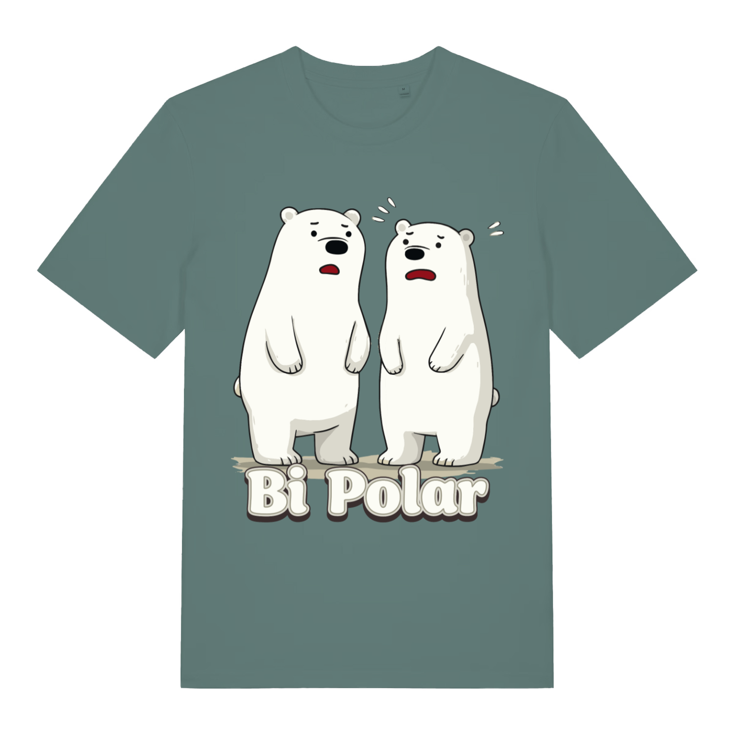 Green women's Bi Polar T-shirt flat lay featuring humorous two polar bears illustration and playful pun slogan