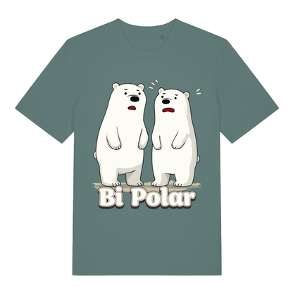 Green women's Bi Polar T-shirt flat lay featuring humorous two polar bears illustration and playful pun slogan