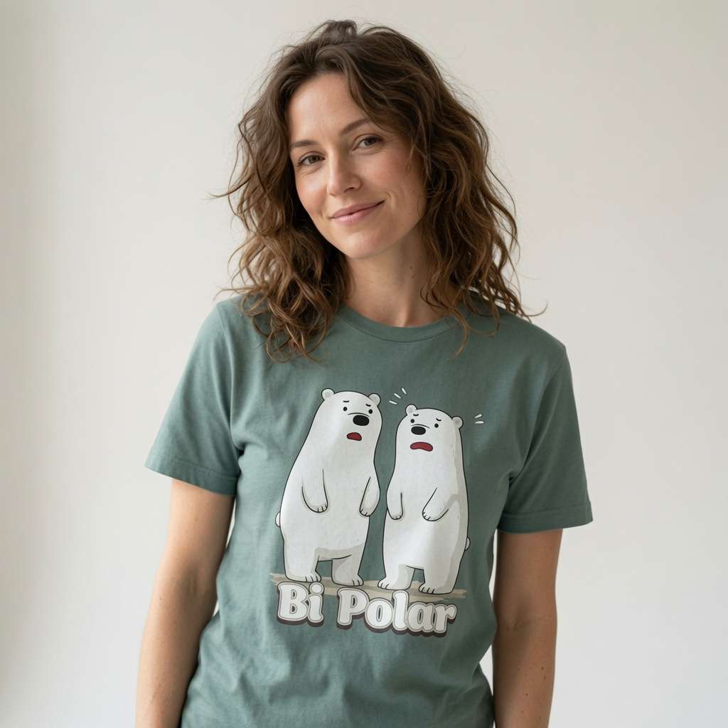Woman in green bay Bi Polar polar bears t-shirt, funny animal pun ladies graphic shirt
