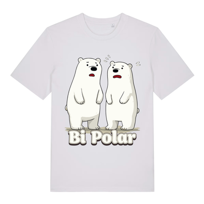 White women's Bi Polar T-shirt flat lay with adorable confused bears graphic and "Bi Polar" wordplay on flattering fit
