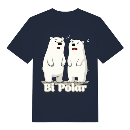 Navy women's Bi Polar T-shirt flat lay displaying cheeky polar bear pun design perfect banter ladies Christmas top
