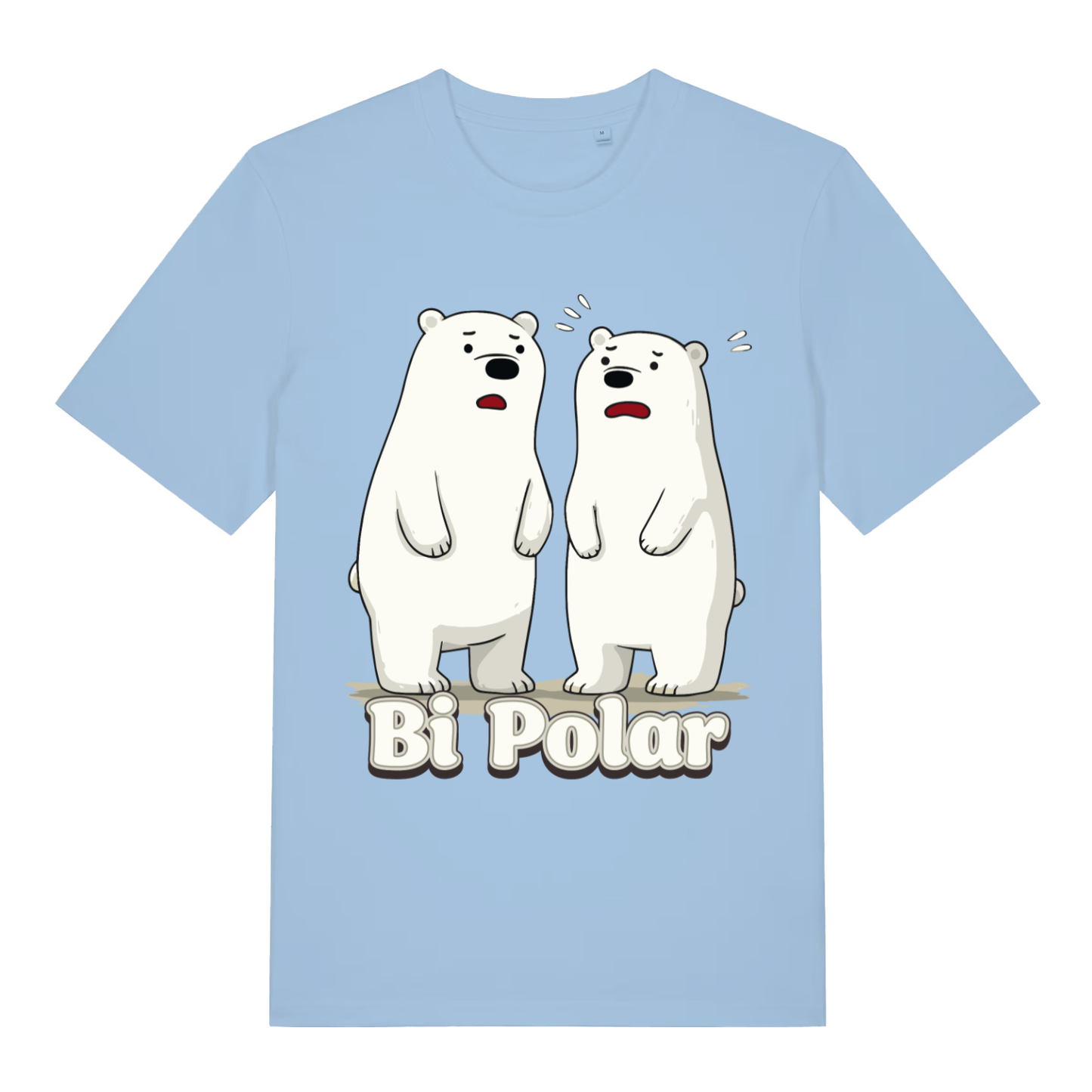 Sky blue women's Bi Polar T-shirt flat lay with funny polar bears cartoon and witty "Bi Polar" pun for women's wear